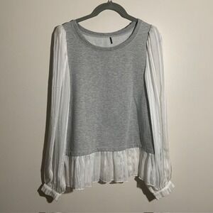 Anthropologie Gray Mixed Media  Sheer Pleated Sleeve & Hem Blouse Preppy Large
